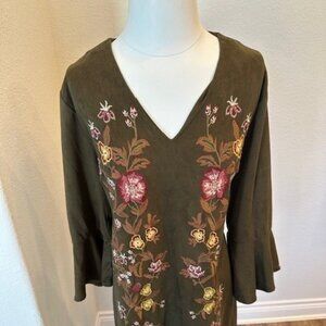 Womens Suede-Like Embroidery Olive Tunic Size L Umgee